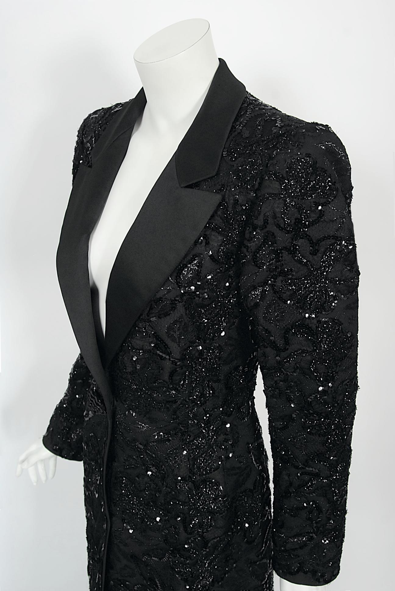 1984 Yves Saint Laurent Haute Couture Documented Sequin Satin Maxi Tuxedo Jacket For Sale 7