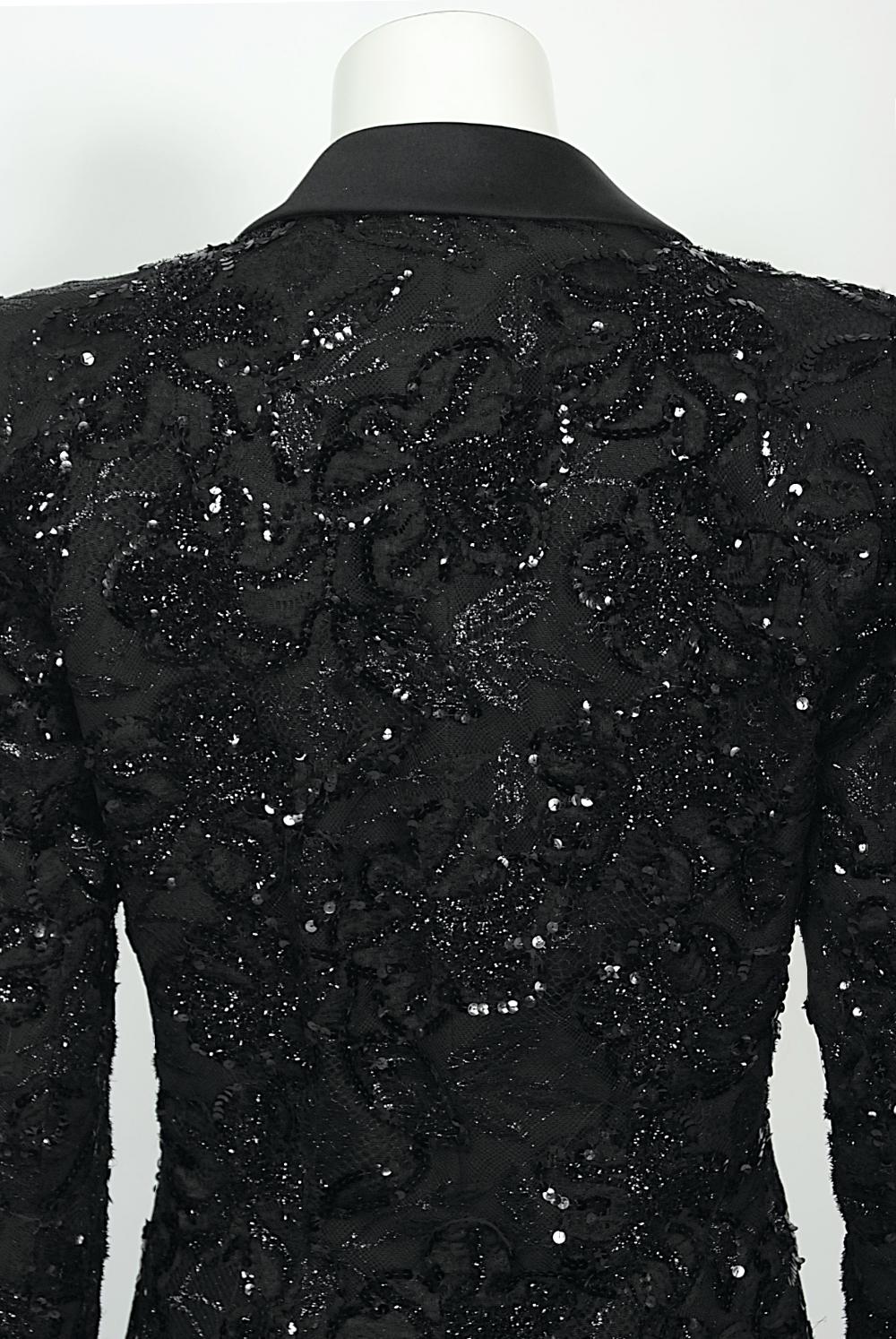 1984 Yves Saint Laurent Haute Couture Documented Sequin Satin Maxi Tuxedo Jacket For Sale 11
