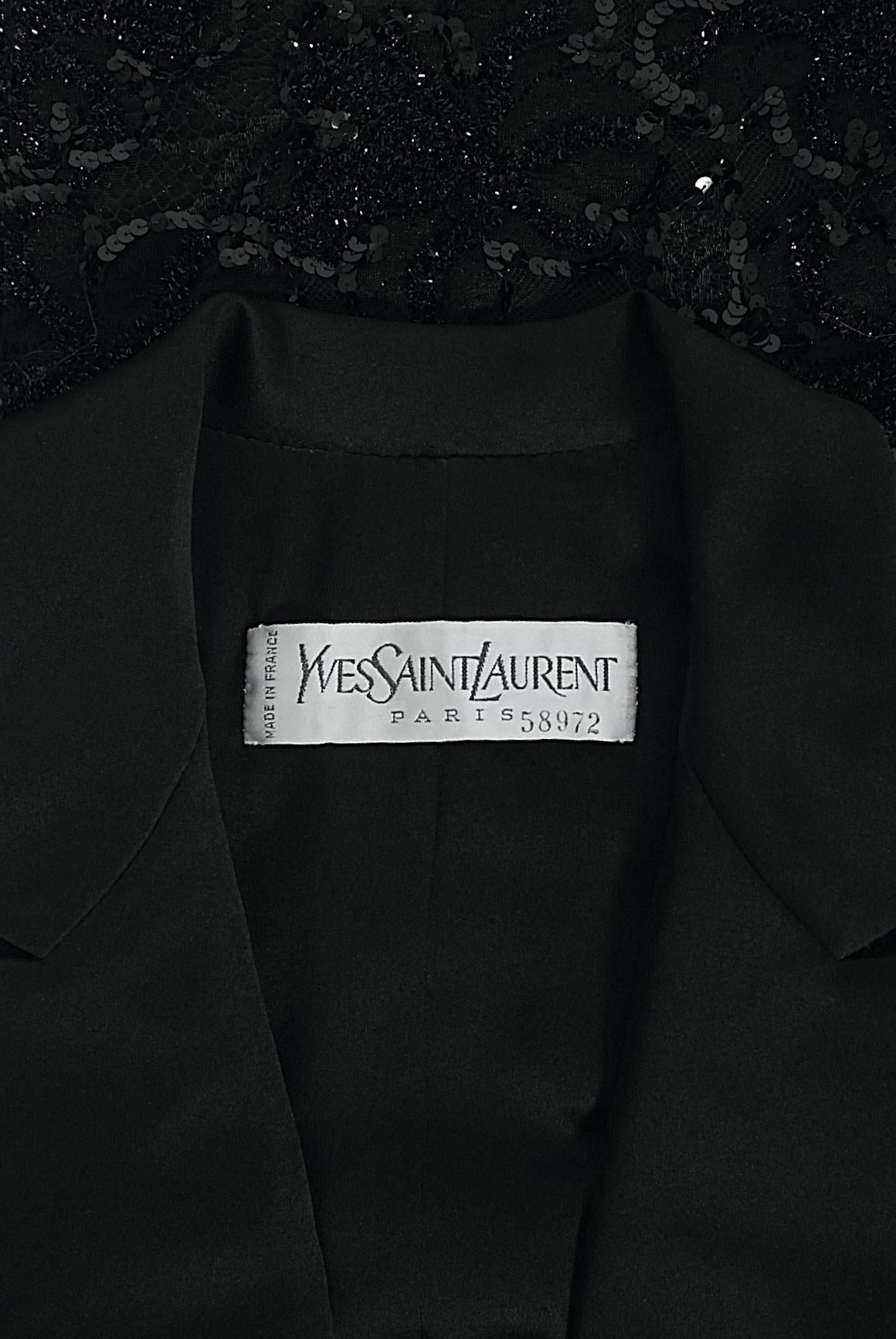 1984 Yves Saint Laurent Haute Couture Documented Sequin Satin Maxi Tuxedo Jacket For Sale 12