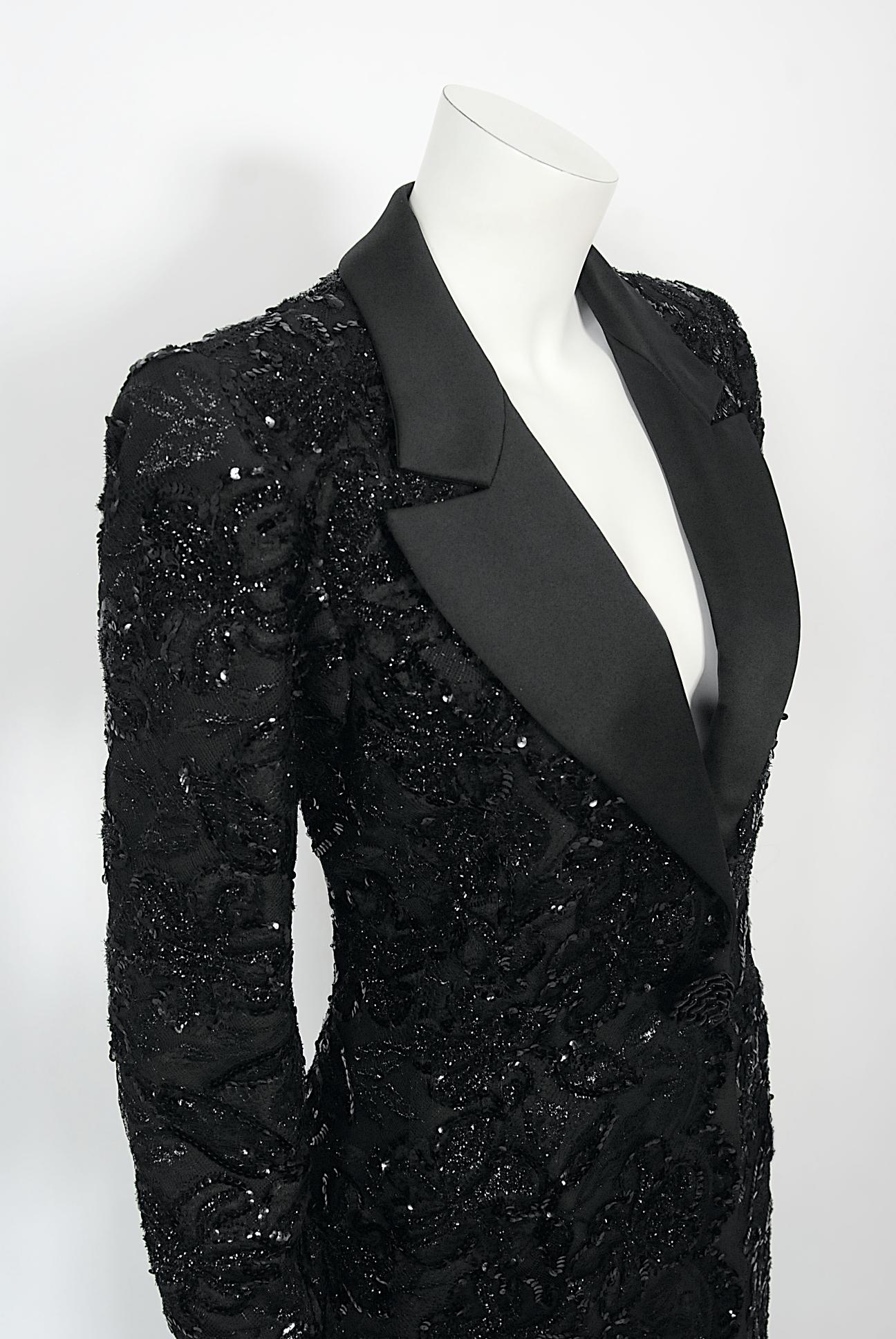 1984 Yves Saint Laurent Haute Couture Documented Sequin Satin Maxi Tuxedo Jacket For Sale 1