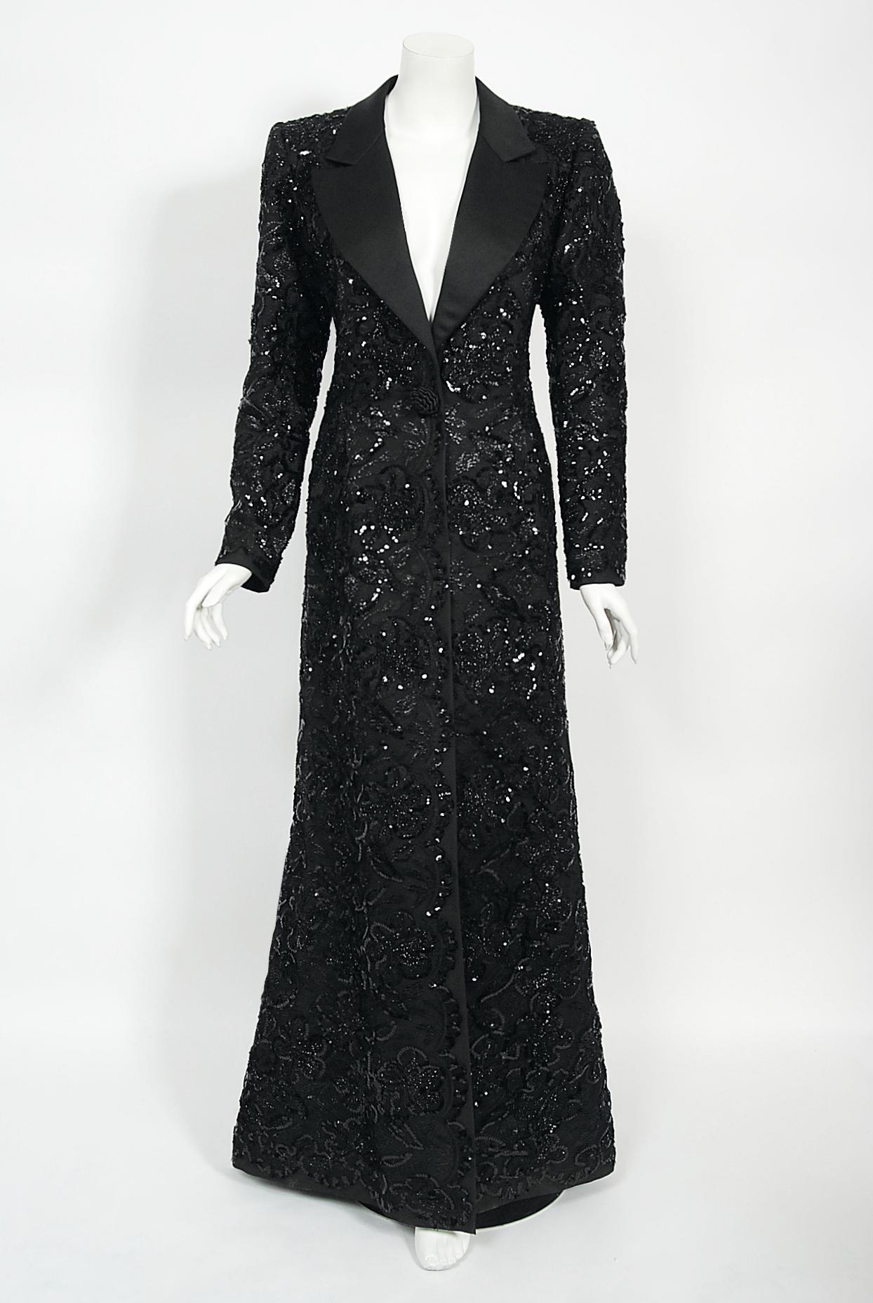 1984 Yves Saint Laurent Haute Couture Documented Sequin Satin Maxi Tuxedo Jacket For Sale 2