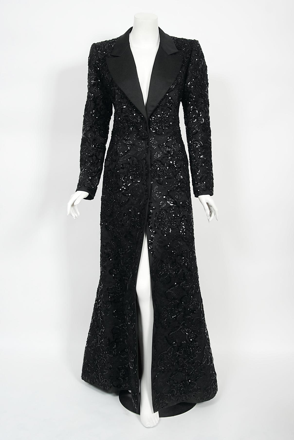 1984 Yves Saint Laurent Haute Couture Documented Sequin Satin Maxi Tuxedo Jacket For Sale 3