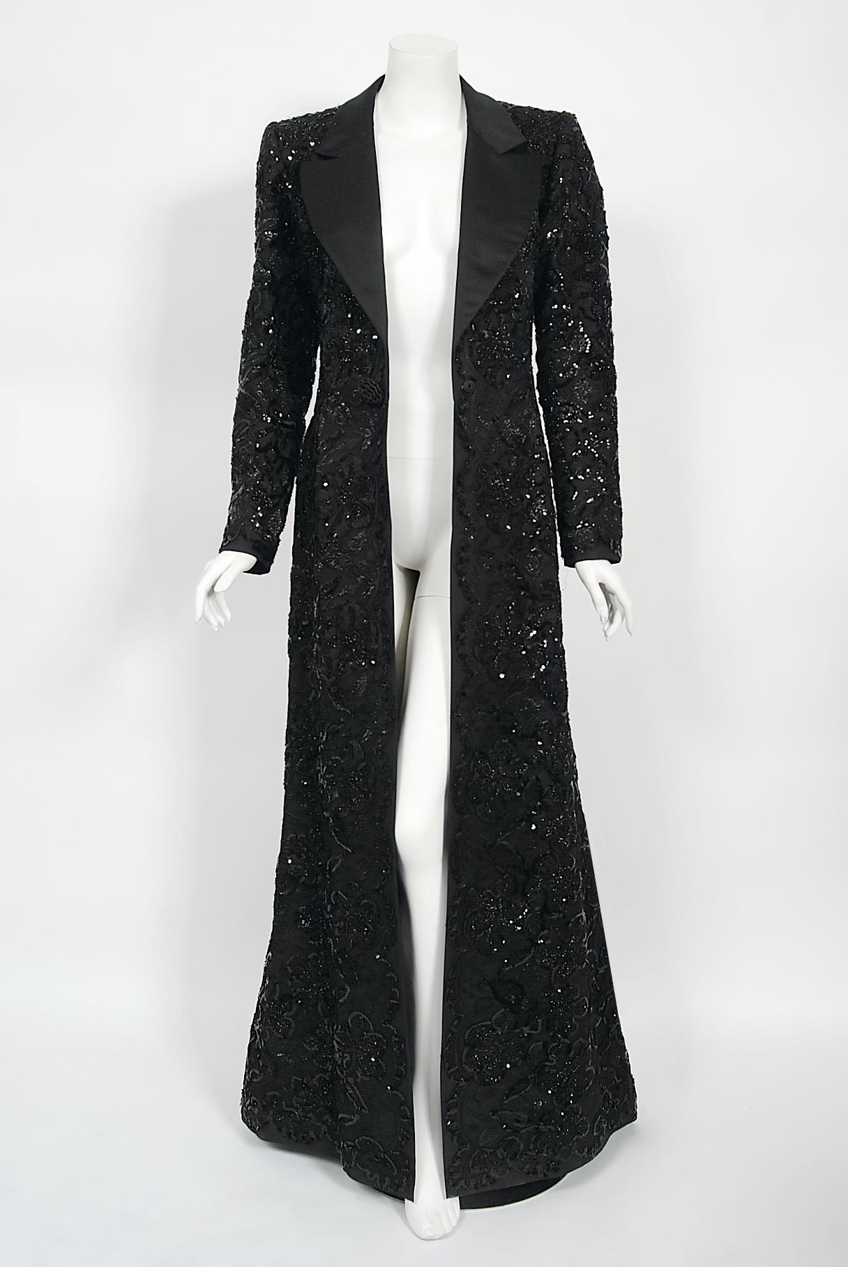 1984 Yves Saint Laurent Haute Couture Documented Sequin Satin Maxi Tuxedo Jacket For Sale 4