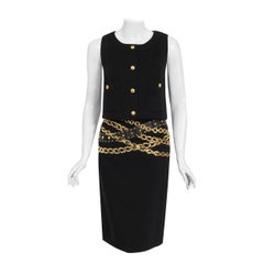Vintage 1985 Chanel Documented Black Wool Metallic Gold Trompe L'oeil Belt Dress