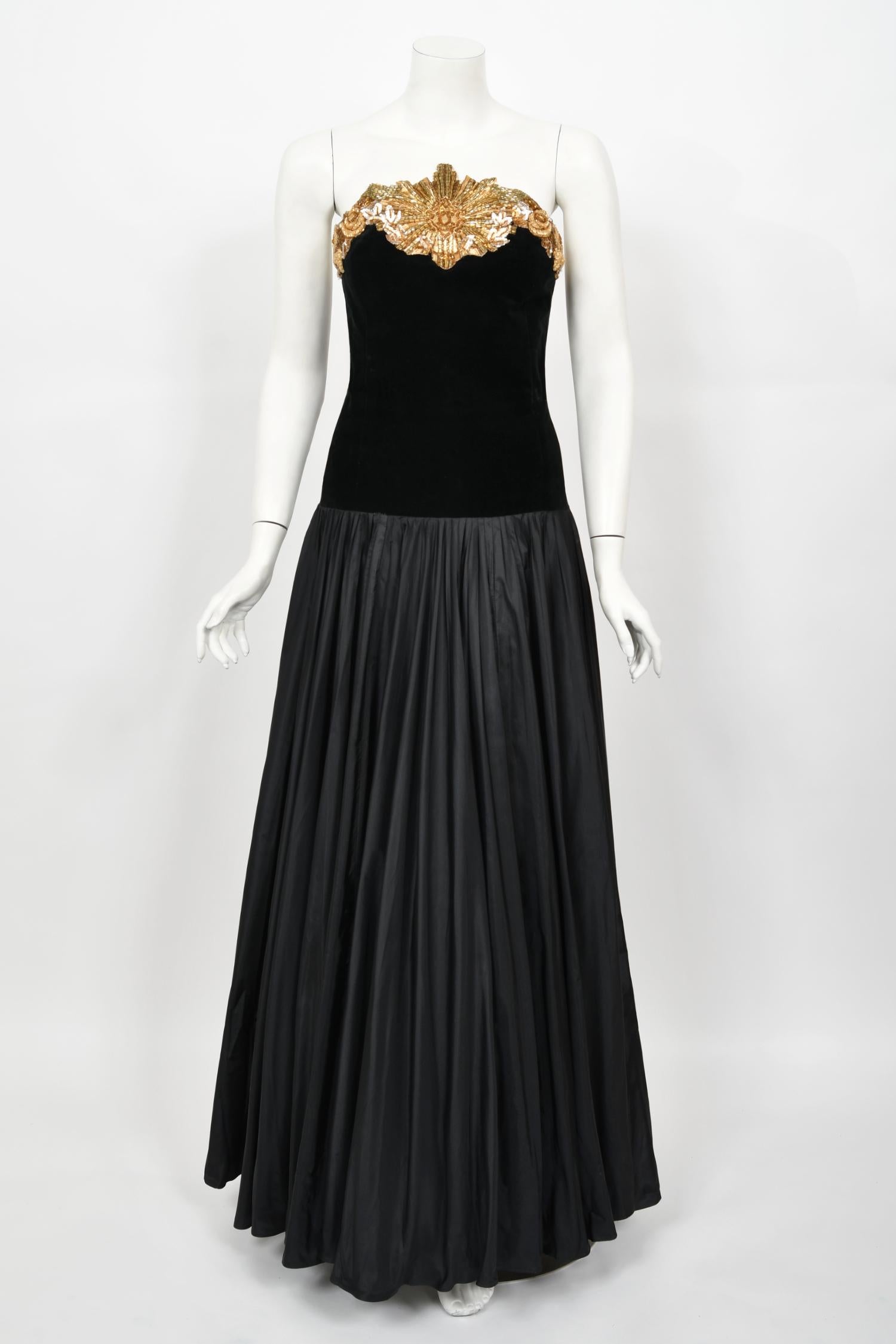 Vintage 1985 Chanel Documented Runway Metallic Beaded Black Silk Strapless Gown 6