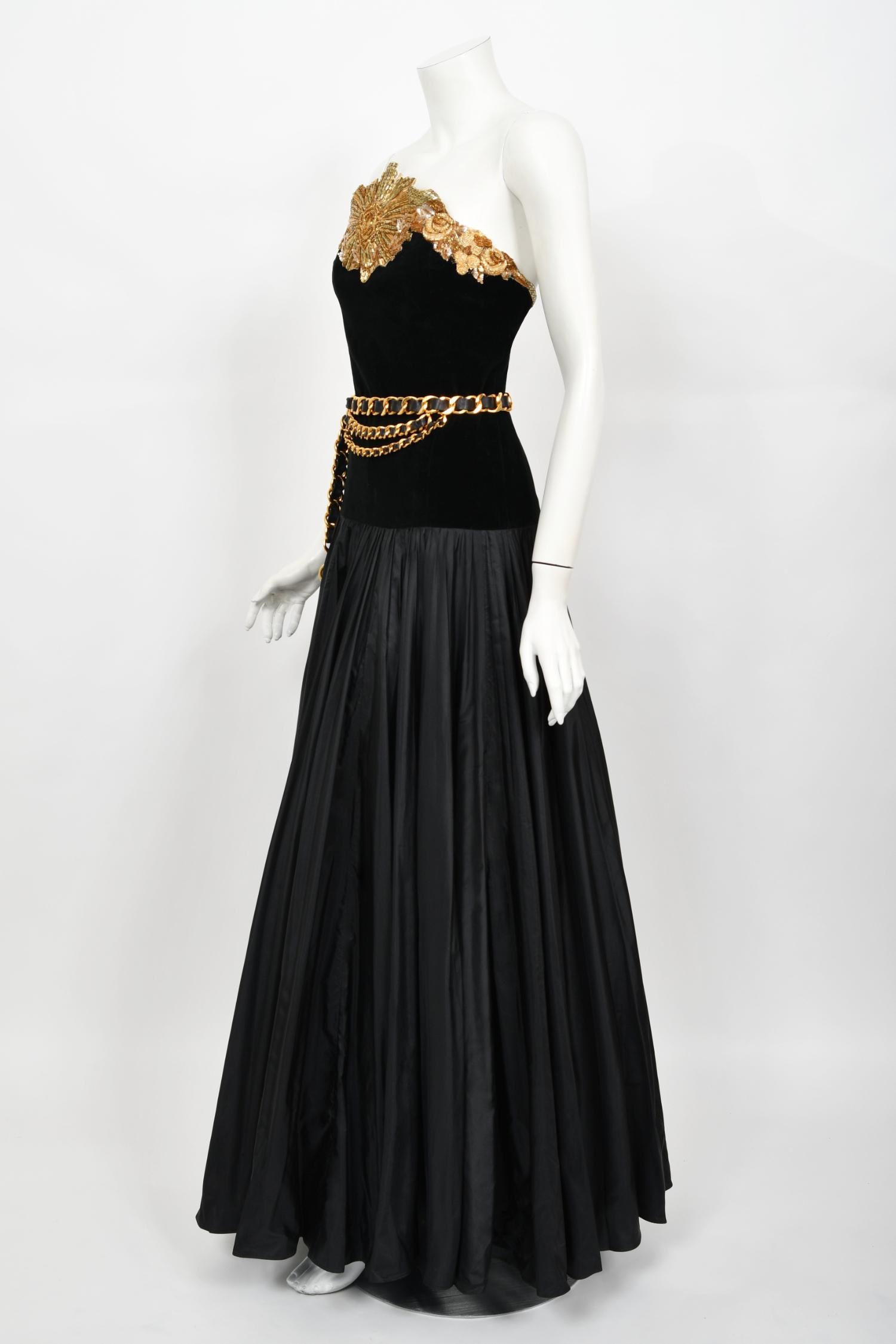 Vintage 1985 Chanel Documented Runway Metallic Beaded Black Silk Strapless Gown 8