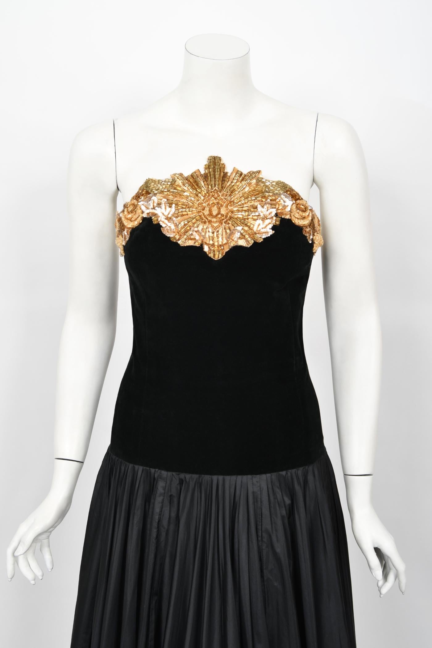 Vintage 1985 Chanel Documented Runway Metallic Beaded Black Silk Strapless Gown 7