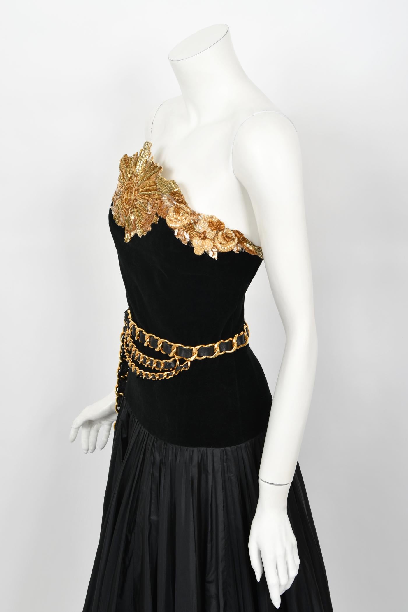 Vintage 1985 Chanel Documented Runway Metallic Beaded Black Silk Strapless Gown 9