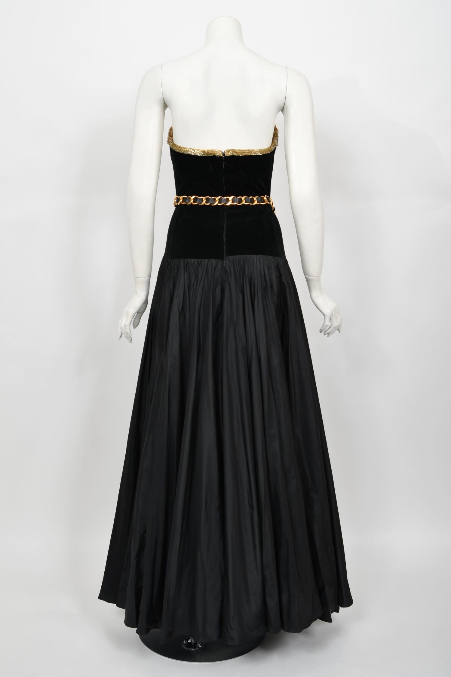Vintage 1985 Chanel Documented Runway Metallic Beaded Black Silk Strapless Gown 12