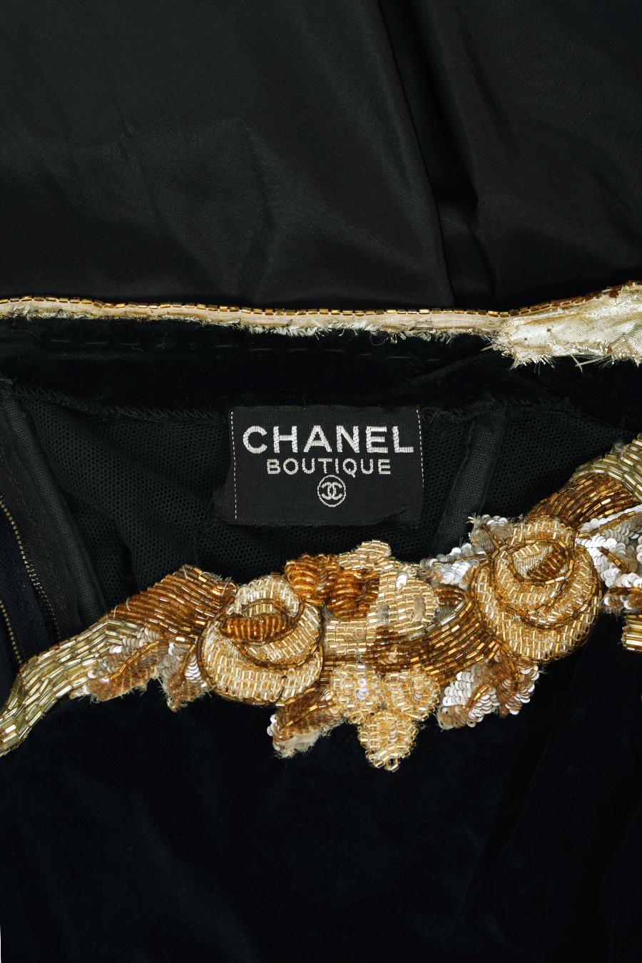 Vintage 1985 Chanel Documented Runway Metallic Beaded Black Silk Strapless Gown 15