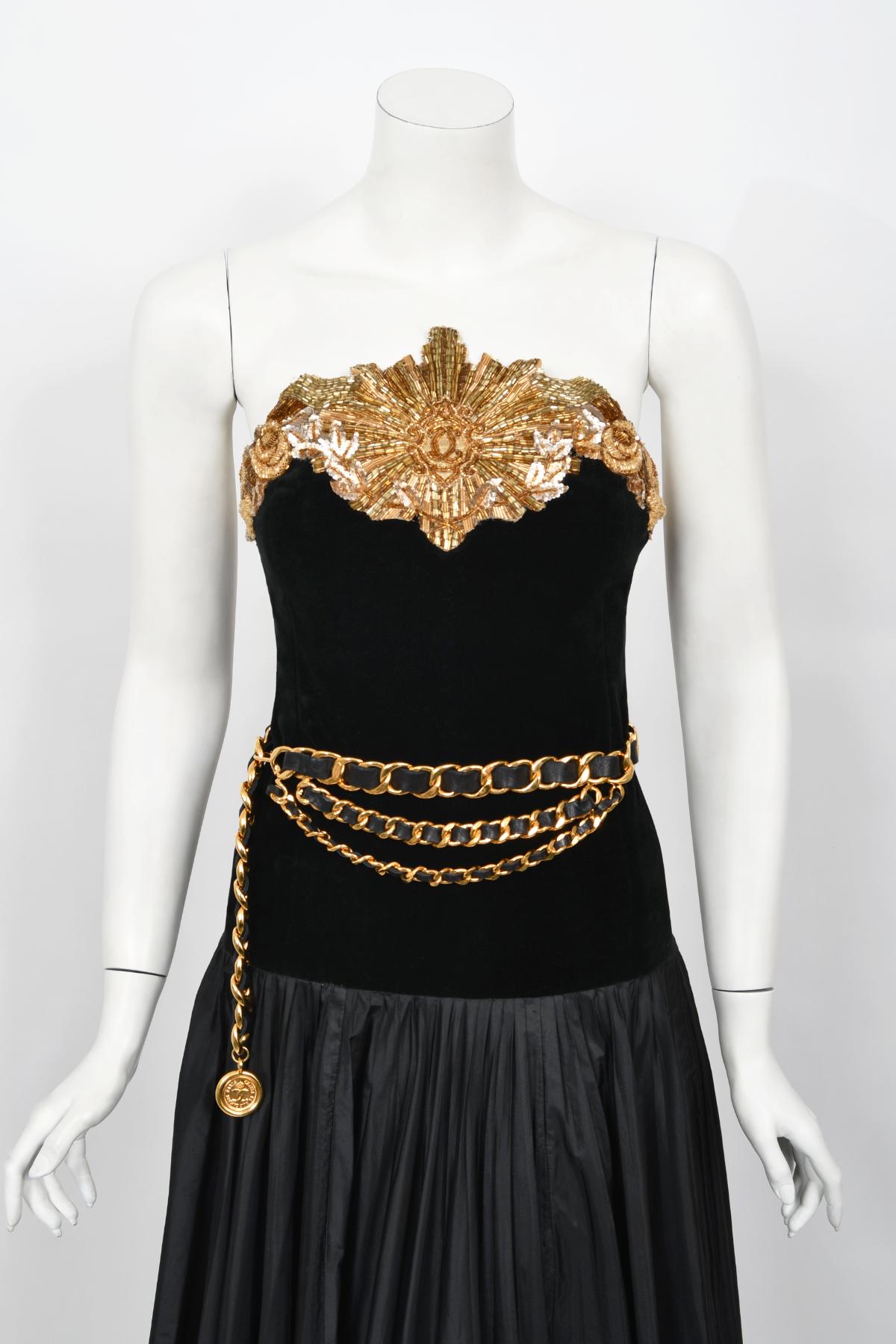 Vintage 1985 Chanel Documented Runway Metallic Beaded Black Silk Strapless Gown In Good Condition In Beverly Hills, CA