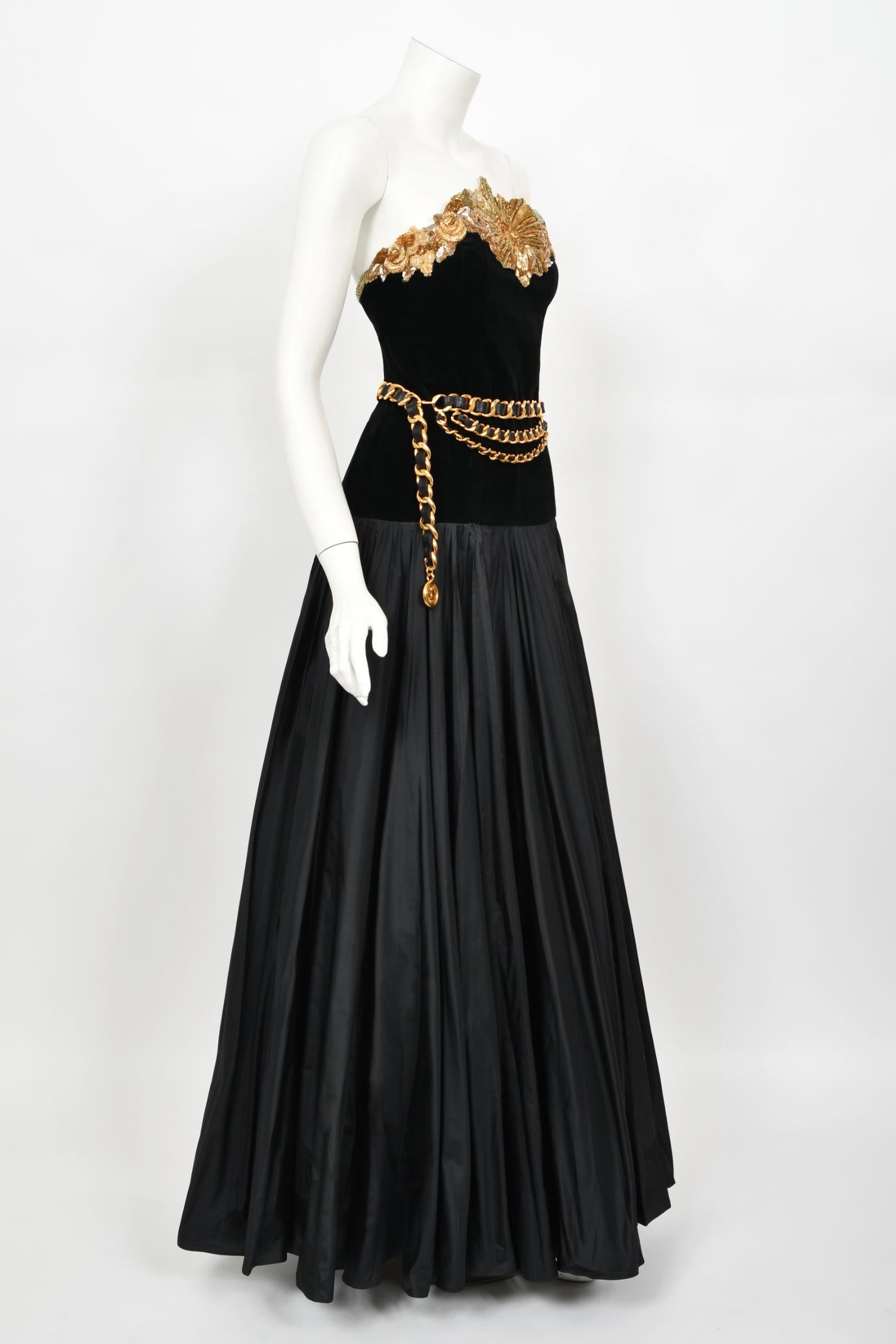 Vintage 1985 Chanel Documented Runway Metallic Beaded Black Silk Strapless Gown 1