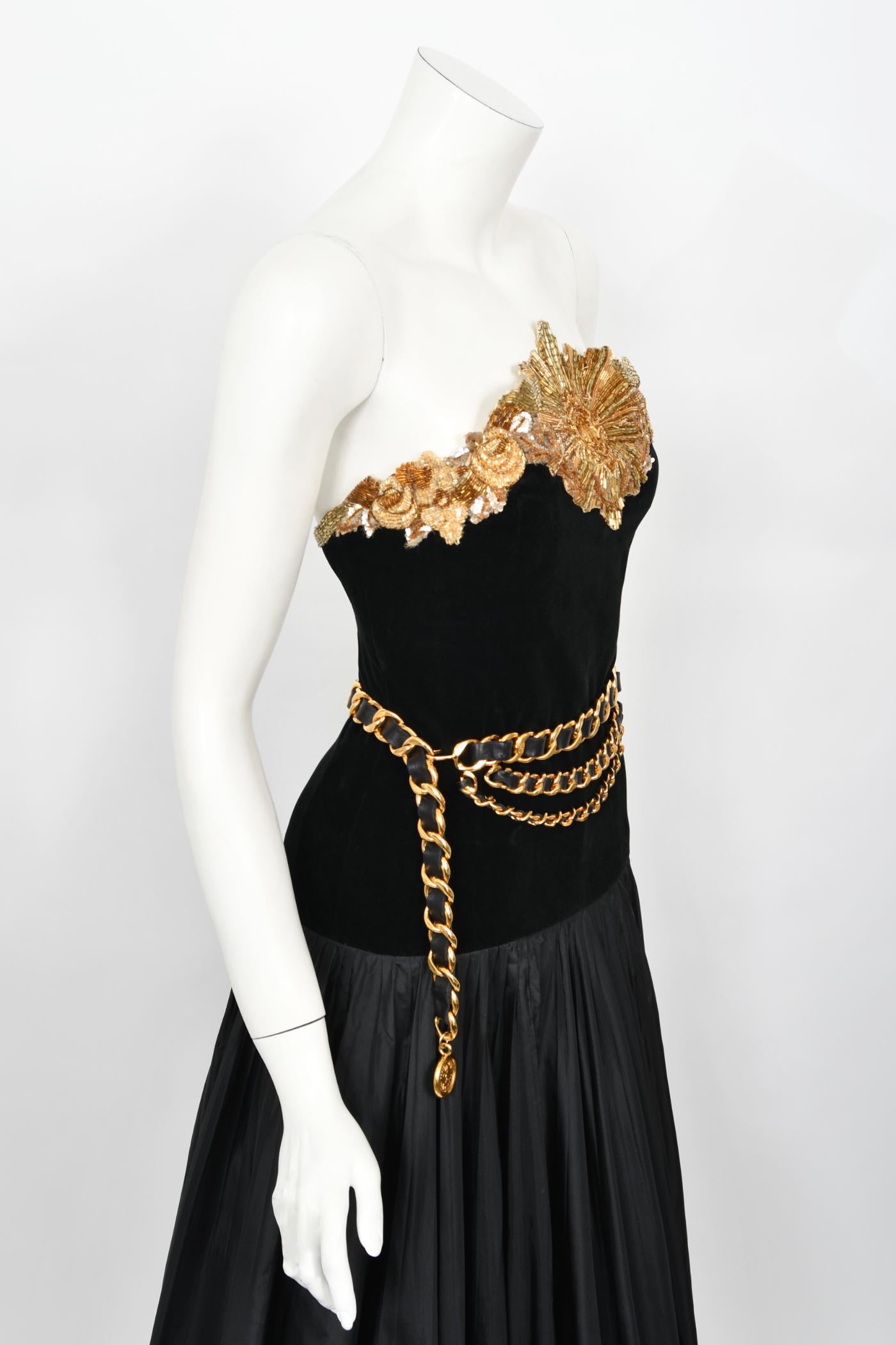 Vintage 1985 Chanel Documented Runway Metallic Beaded Black Silk Strapless Gown 2
