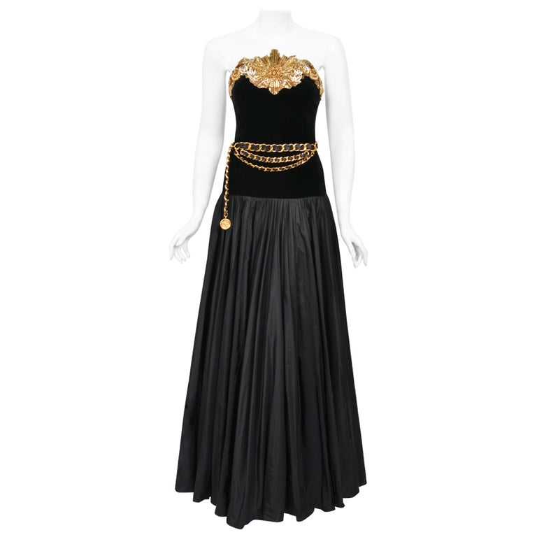 Vintage 1985 Chanel Documented Runway Metallic Beaded Black Silk Strapless  Gown at 1stDibs