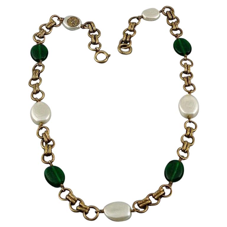Vintage 1985 CHANEL Green Gripoix Pearl Necklace