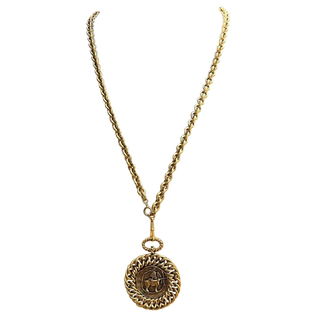 Vintage 1985 Chanel Sagitario Sagittarius Medallion Necklace 24k Gold Plated For Sale