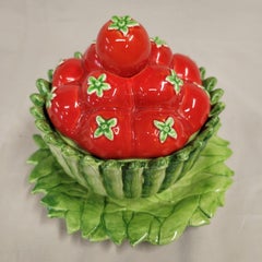 Vintage 1985 Fitz & Floyd Majolica Tomato Basket With Pea Pod Plate