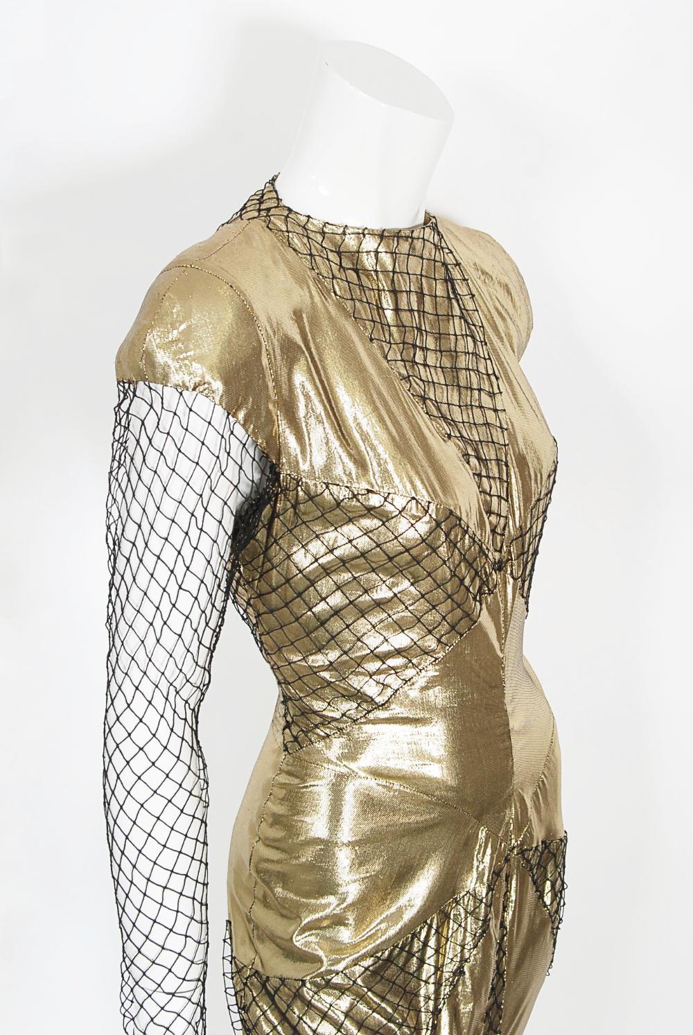 1985 Thierry Mugler Couture Documented Metallic Gold Lamé Fishnet High-Slit Gown For Sale 5