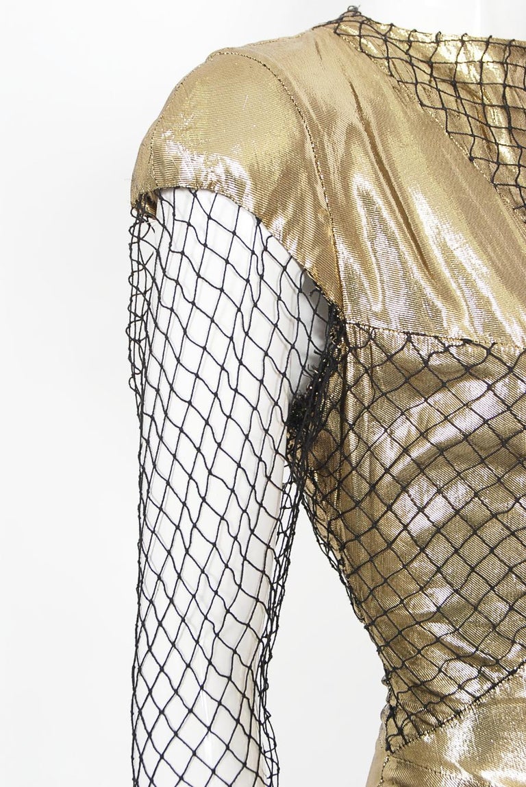 1985 Thierry Mugler Couture Documented Metallic Gold Lam Fishnet High-Slit  Gown For Sale at 1stDibs | metallic fishnet dress