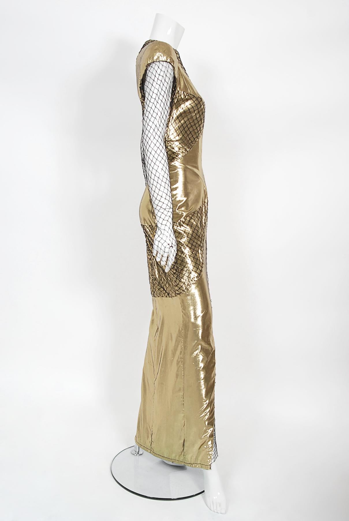 1985 Thierry Mugler Couture Documented Metallic Gold Lamé Fishnet High-Slit Gown For Sale 7