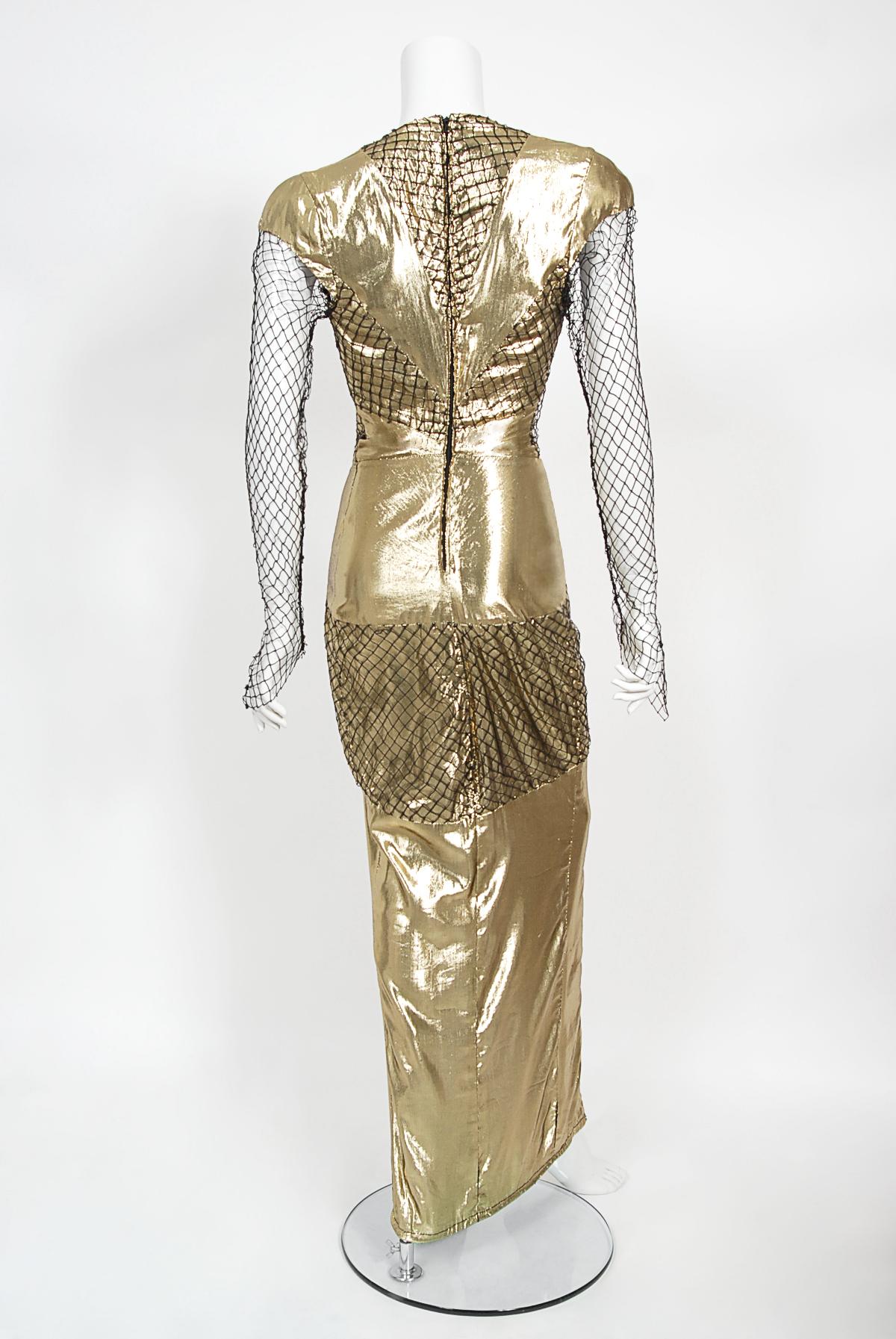 1985 Thierry Mugler Couture Documented Metallic Gold Lamé Fishnet High-Slit Gown For Sale 8