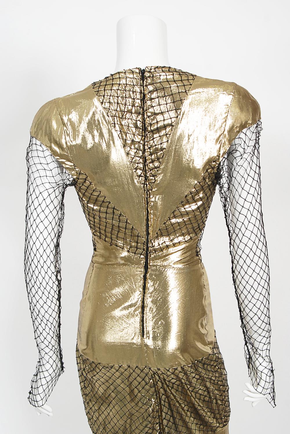 1985 Thierry Mugler Couture Documented Metallic Gold Lamé Fishnet High-Slit Gown For Sale 9