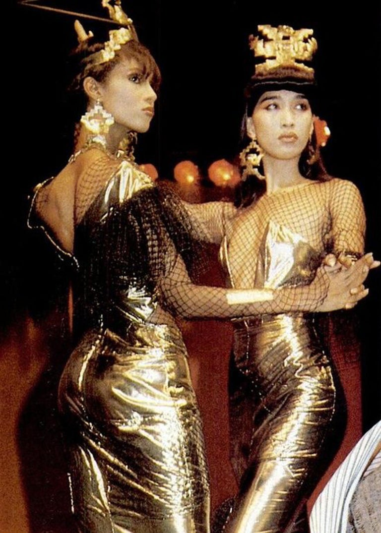 1985 Thierry Mugler Couture Documented Metallic Gold Lam Fishnet High-Slit  Gown For Sale at 1stDibs | metallic fishnet dress