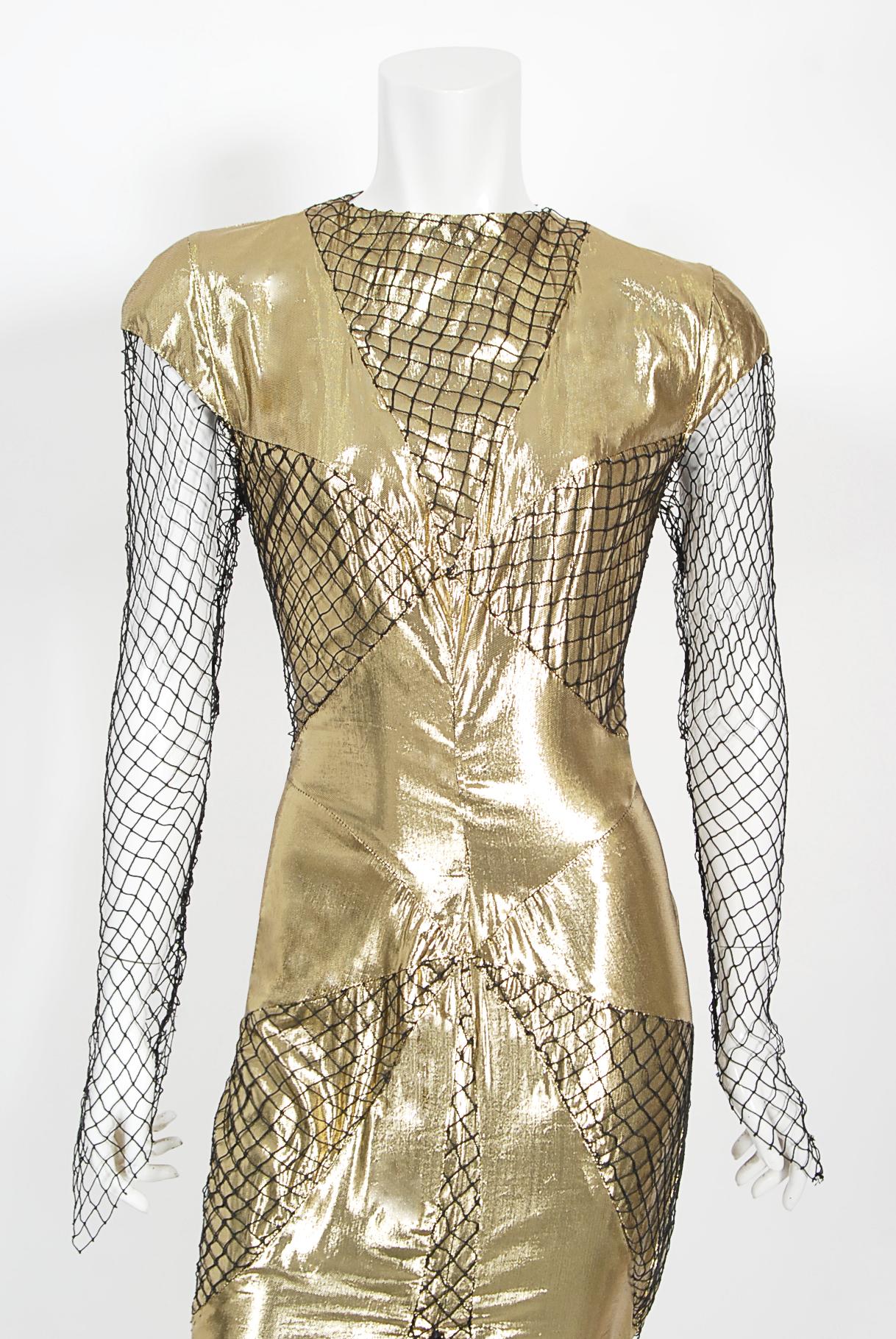 1985 Thierry Mugler Couture Documented Metallic Gold Lamé Fishnet High-Slit Gown In Good Condition For Sale In Beverly Hills, CA