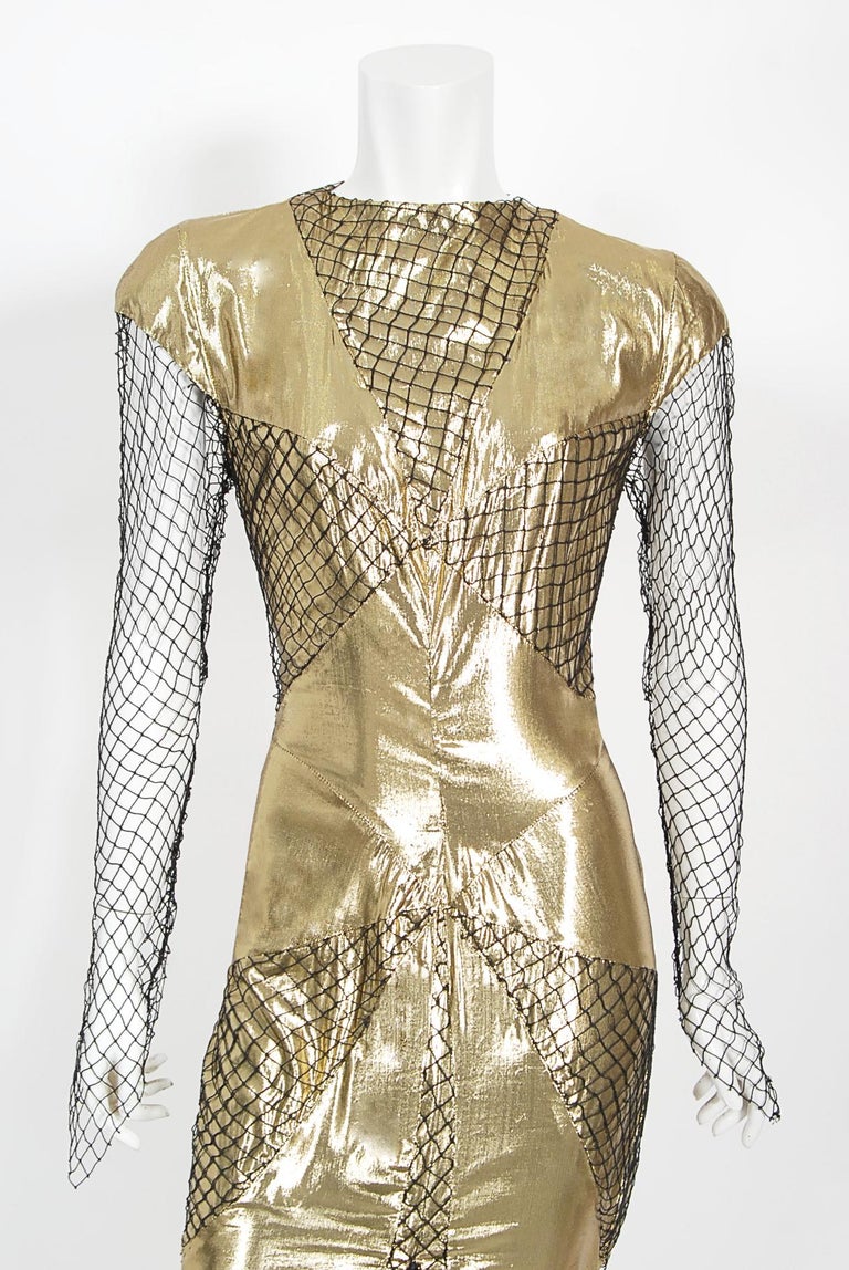 1985 Thierry Mugler Couture Documented Metallic Gold Lam Fishnet High-Slit  Gown For Sale at 1stDibs | metallic fishnet dress