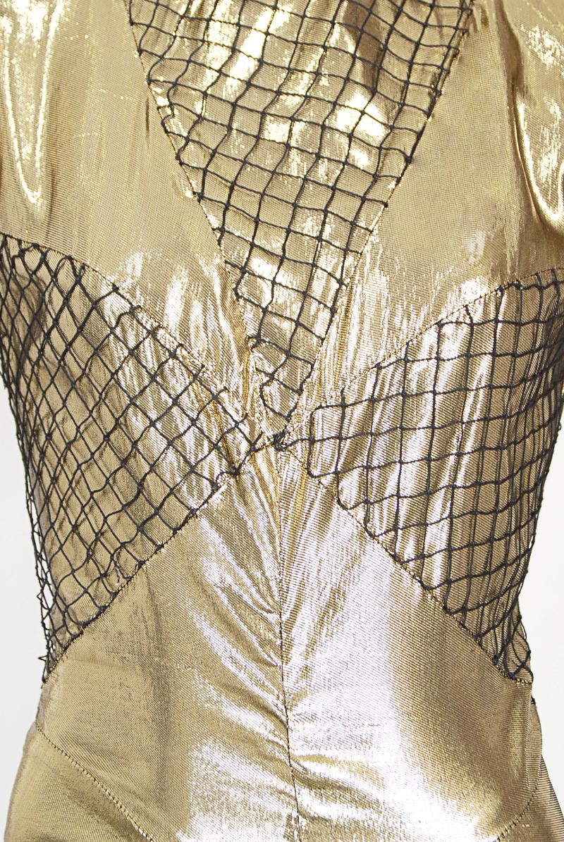 Women's 1985 Thierry Mugler Couture Documented Metallic Gold Lamé Fishnet High-Slit Gown For Sale