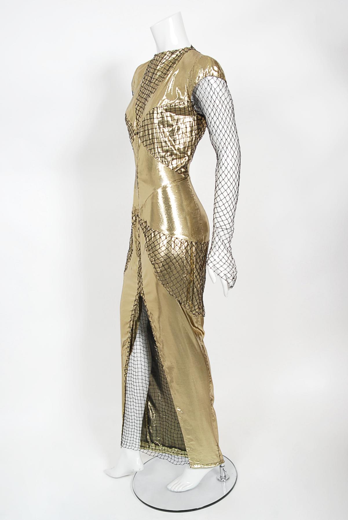 1985 Thierry Mugler Couture Documented Metallic Gold Lamé Fishnet High-Slit Gown For Sale 1