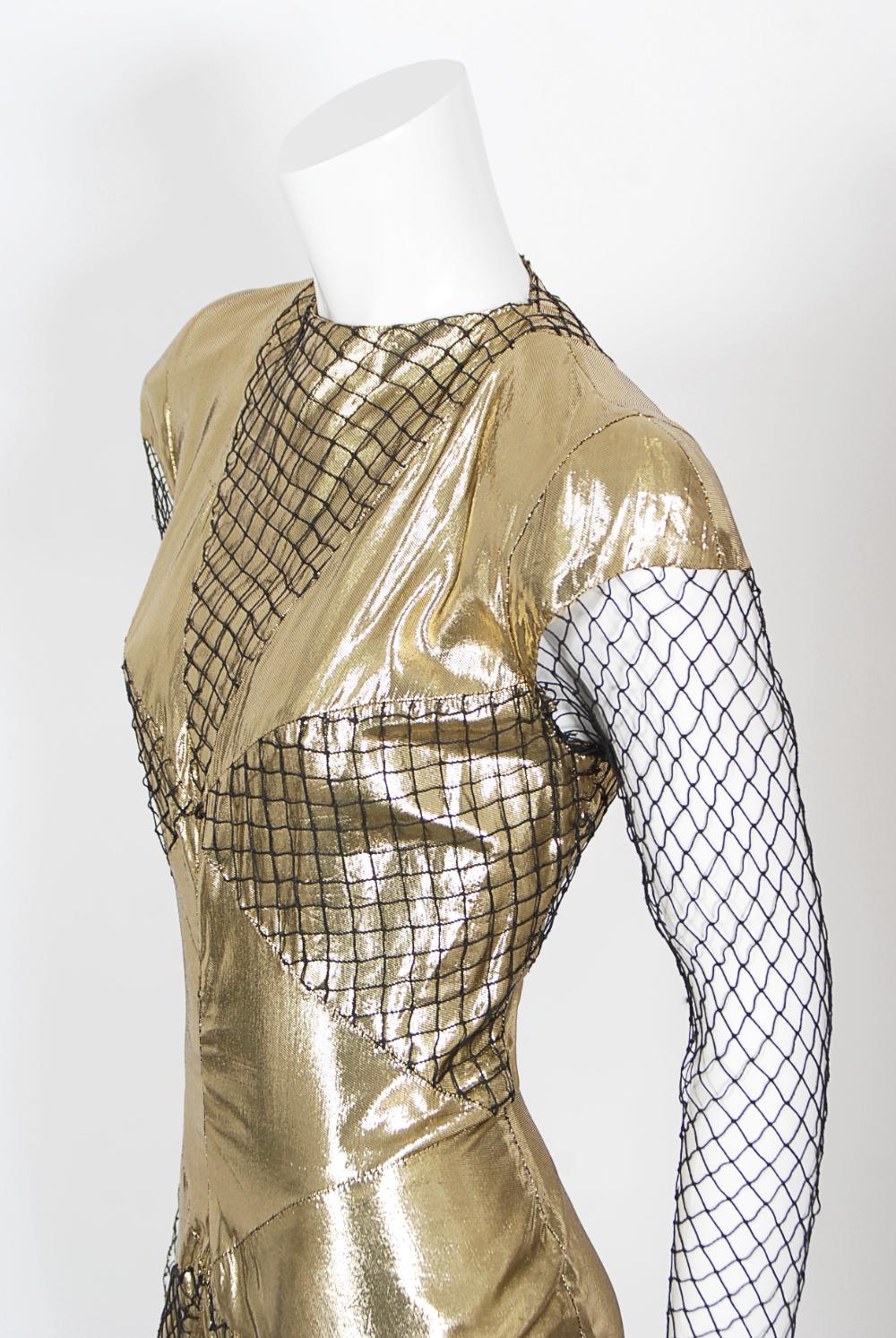1985 Thierry Mugler Couture Documented Metallic Gold Lamé Fishnet High-Slit Gown For Sale 2