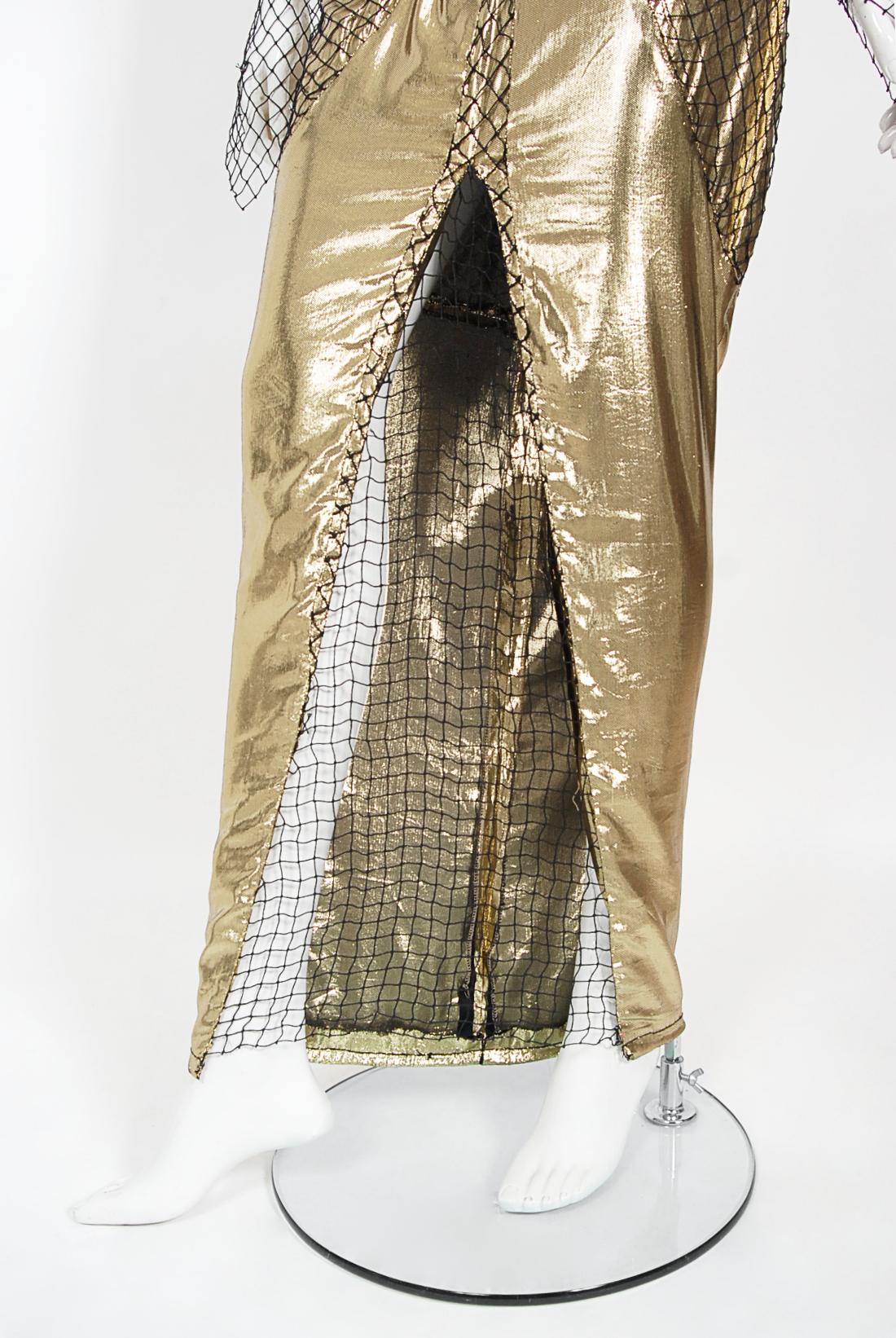 1985 Thierry Mugler Couture Documented Metallic Gold Lamé Fishnet High-Slit Gown For Sale 3