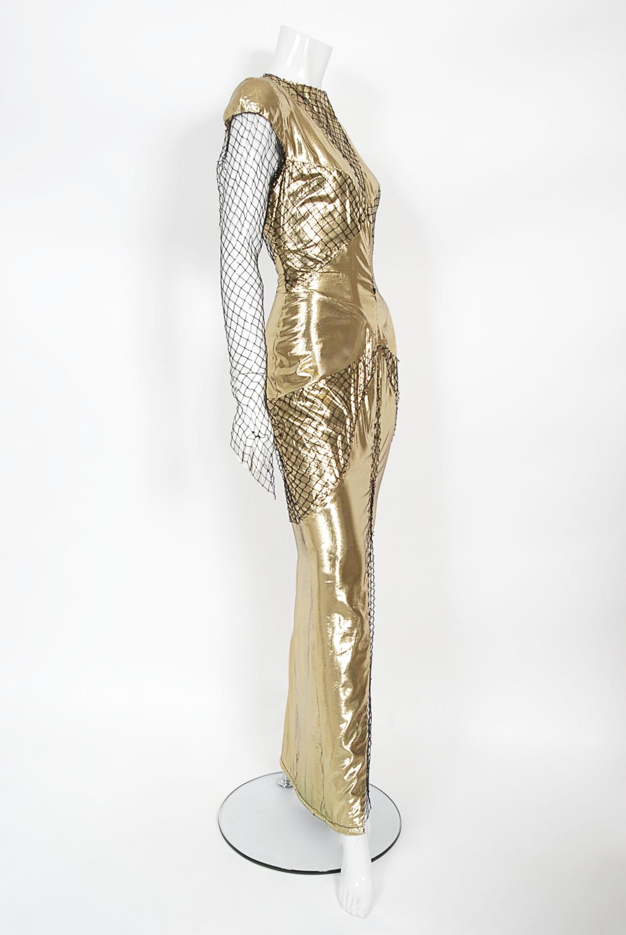 1985 Thierry Mugler Couture Documented Metallic Gold Lamé Fishnet High-Slit Gown For Sale 4