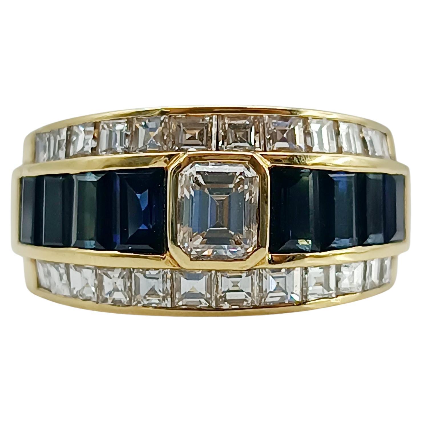 Vintage 1985 Yellow Gold Emerald-Cut Diamond and Sapphire Statement Ring