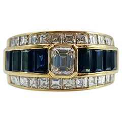 Vintage 1985 Yellow Gold Emerald-Cut Diamond and Sapphire Statement Ring