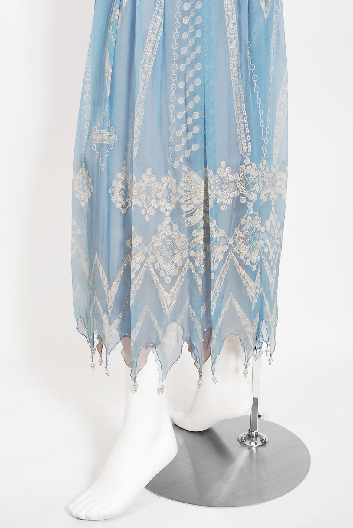 Vintage 1985 Zandra Rhodes Ice-Blue Beaded Hand Painted Sheer Silk-Chiffon Dress 5