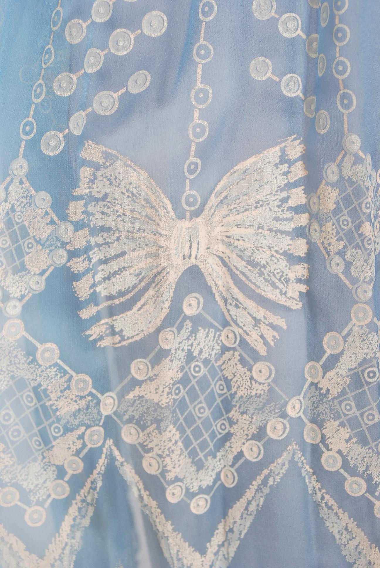 Vintage 1985 Zandra Rhodes Ice-Blue Beaded Hand Painted Sheer Silk-Chiffon Dress 6
