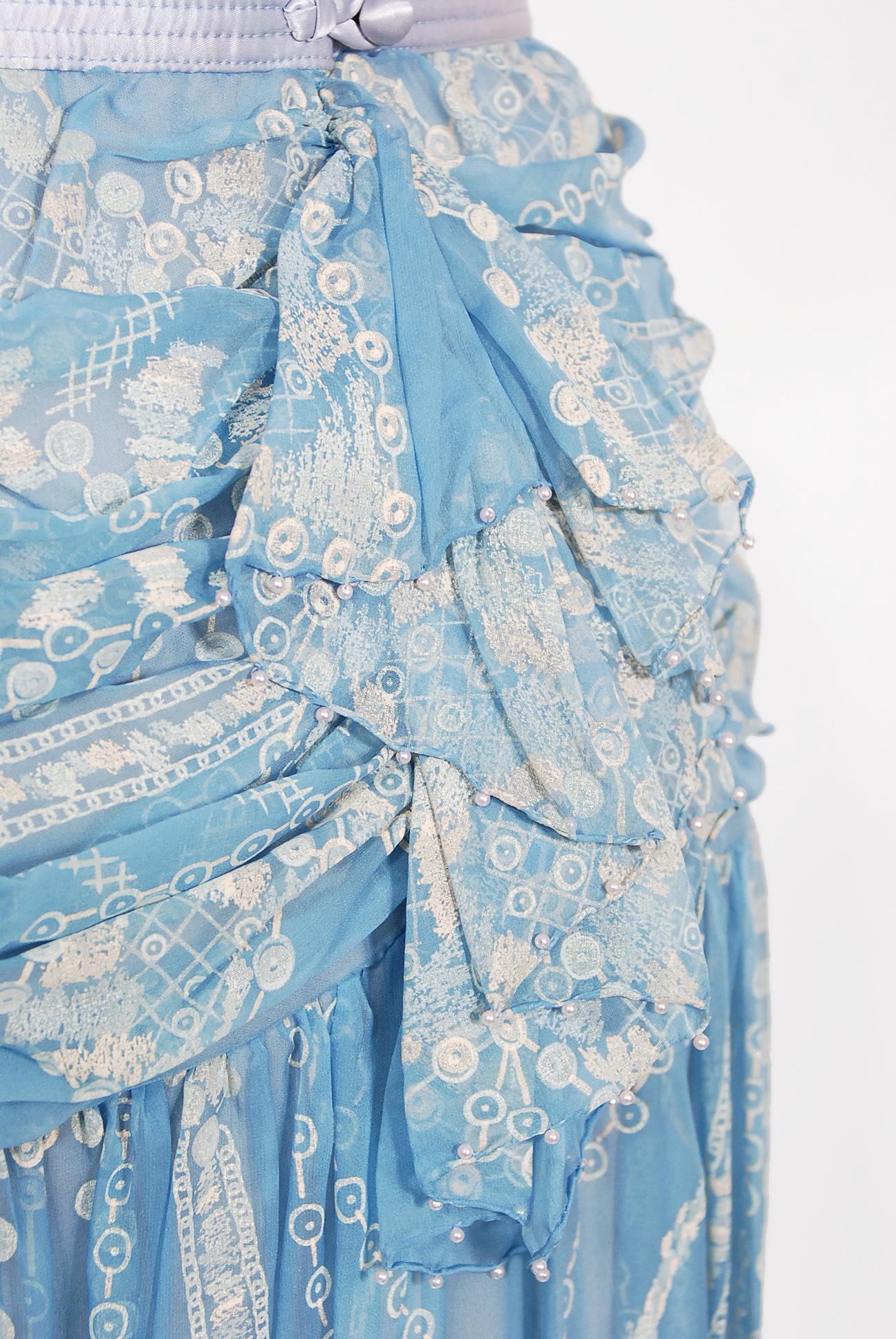 Vintage 1985 Zandra Rhodes Ice-Blue Beaded Hand Painted Sheer Silk-Chiffon Dress 10
