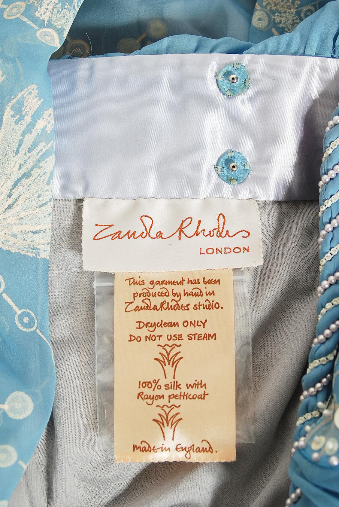 Vintage 1985 Zandra Rhodes Ice-Blue Beaded Hand Painted Sheer Silk-Chiffon Dress 12