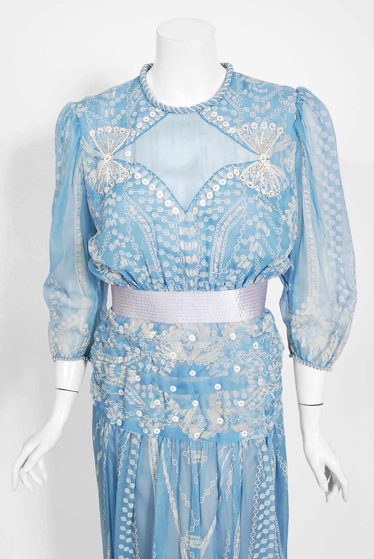 Vintage 1985 Zandra Rhodes Ice-Blue Beaded Hand Painted Sheer Silk-Chiffon Dress In Good Condition In Beverly Hills, CA
