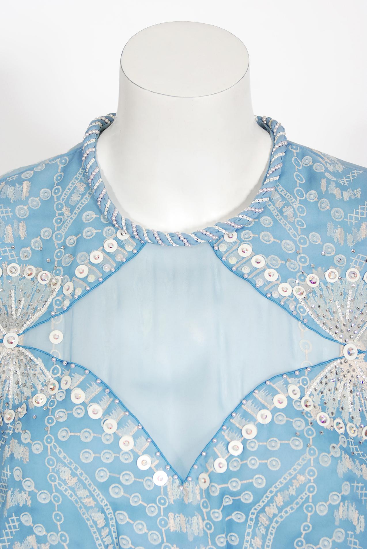 Women's Vintage 1985 Zandra Rhodes Ice-Blue Beaded Hand Painted Sheer Silk-Chiffon Dress