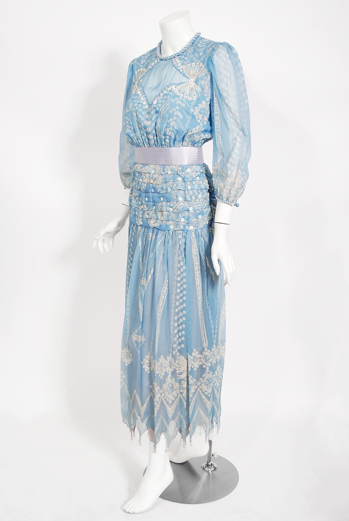 Vintage 1985 Zandra Rhodes Ice-Blue Beaded Hand Painted Sheer Silk-Chiffon Dress 1