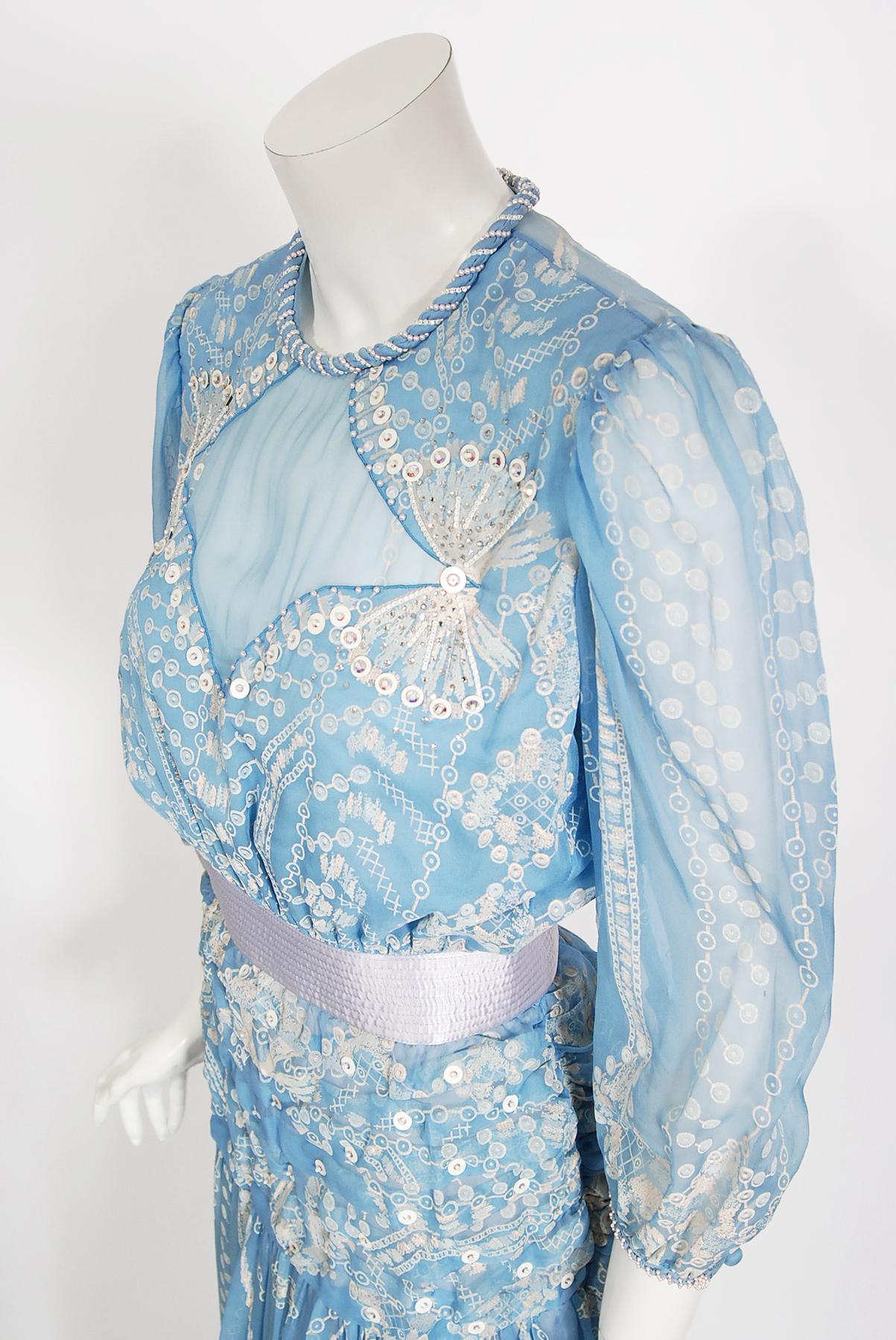 Vintage 1985 Zandra Rhodes Ice-Blue Beaded Hand Painted Sheer Silk-Chiffon Dress 2