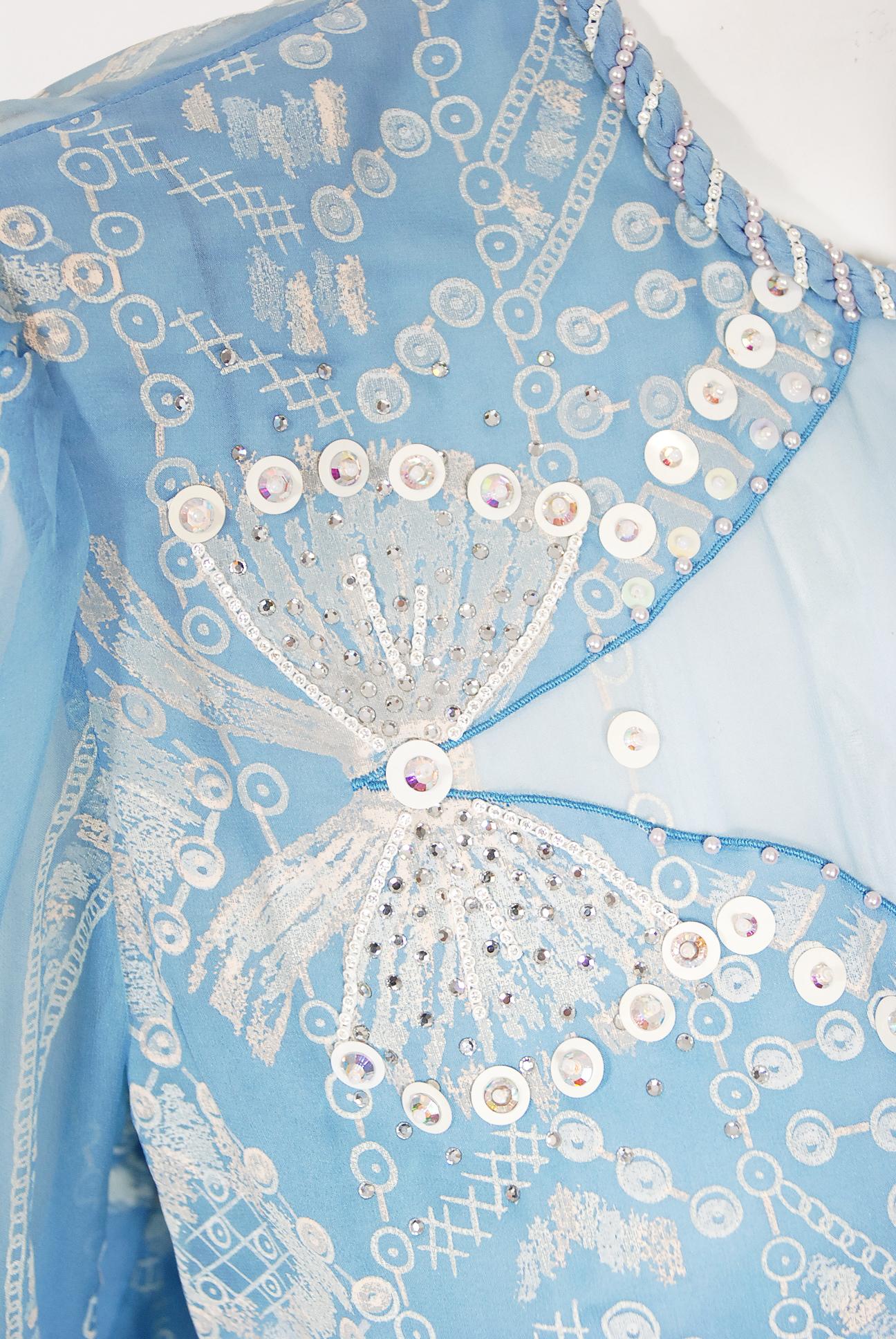 Vintage 1985 Zandra Rhodes Eisblaues perlenbesetztes handbemaltes schieres Seiden-Chiffon-Kleid 3