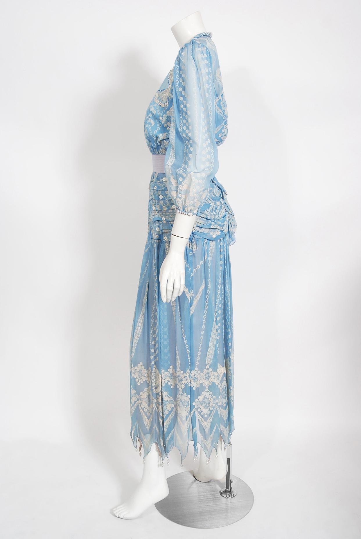 Vintage 1985 Zandra Rhodes Ice-Blue Beaded Hand Painted Sheer Silk-Chiffon Dress 4