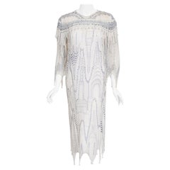 Vintage 1985 Zandra Rhodes 'Manhattan City' Hand Painted Ivory Silk Beaded Dress