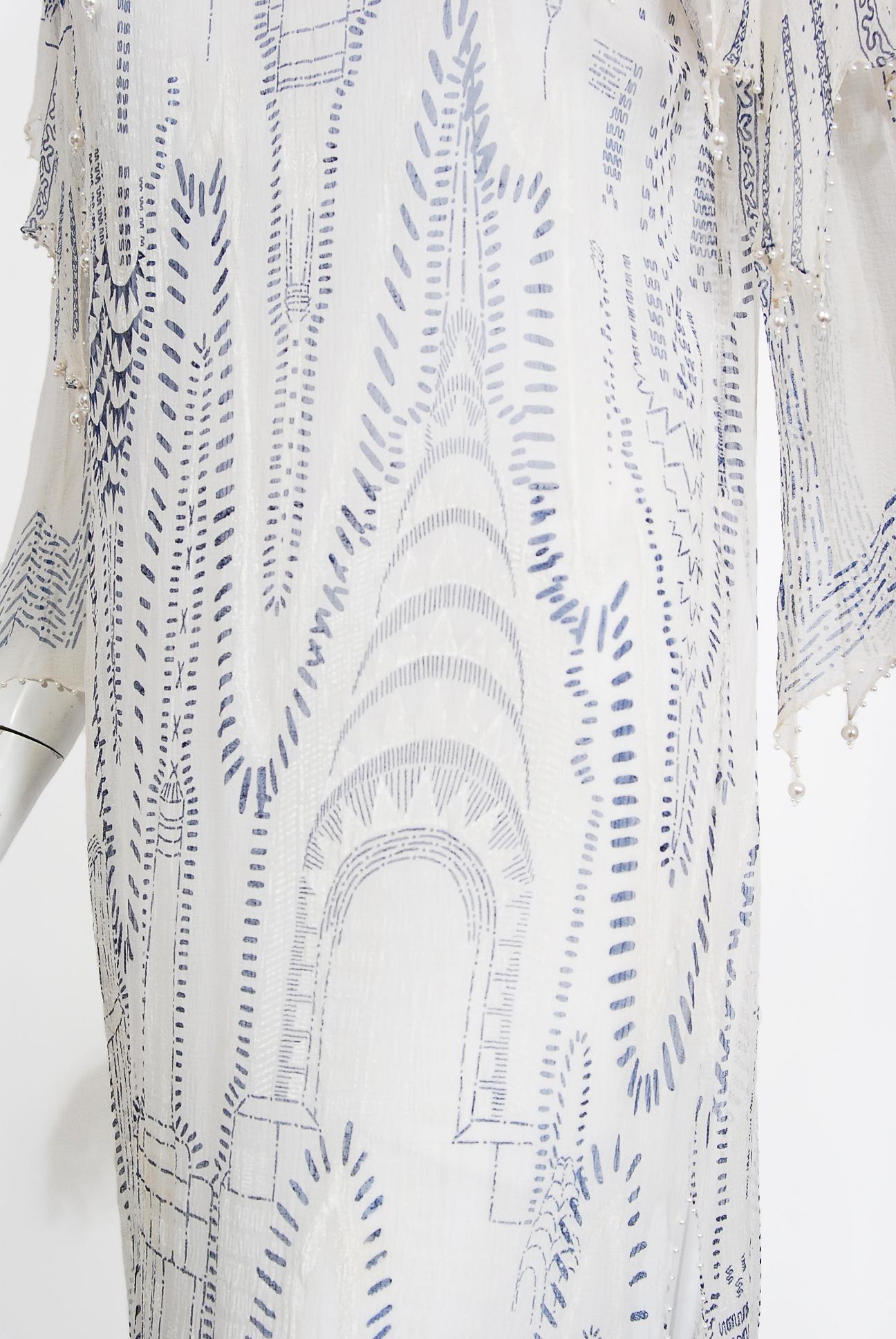 Vintage 1985 Zandra Rhodes 'Manhattan City' Hand Painted Ivory Silk Beaded Dress 2
