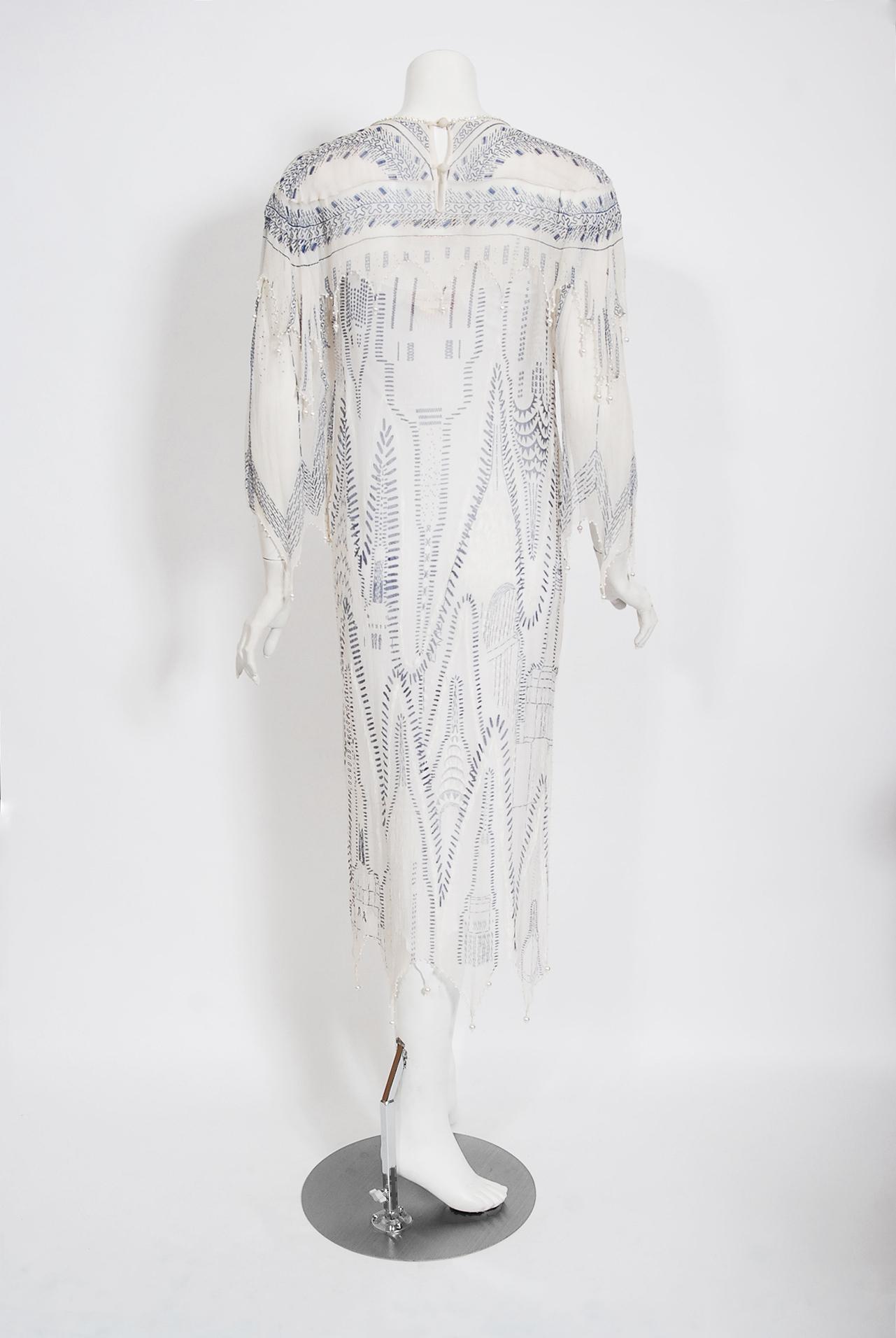Vintage 1985 Zandra Rhodes 'Manhattan City' Hand Painted Ivory Silk Beaded Dress 5