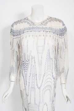 Vintage 1985 Zandra Rhodes 'Manhattan City' Hand Painted Ivory Silk Beaded Dress